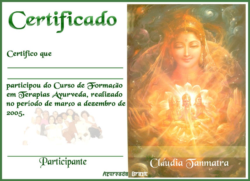 Imagem do certificado do Curso de Terapias Ayurvedicas.